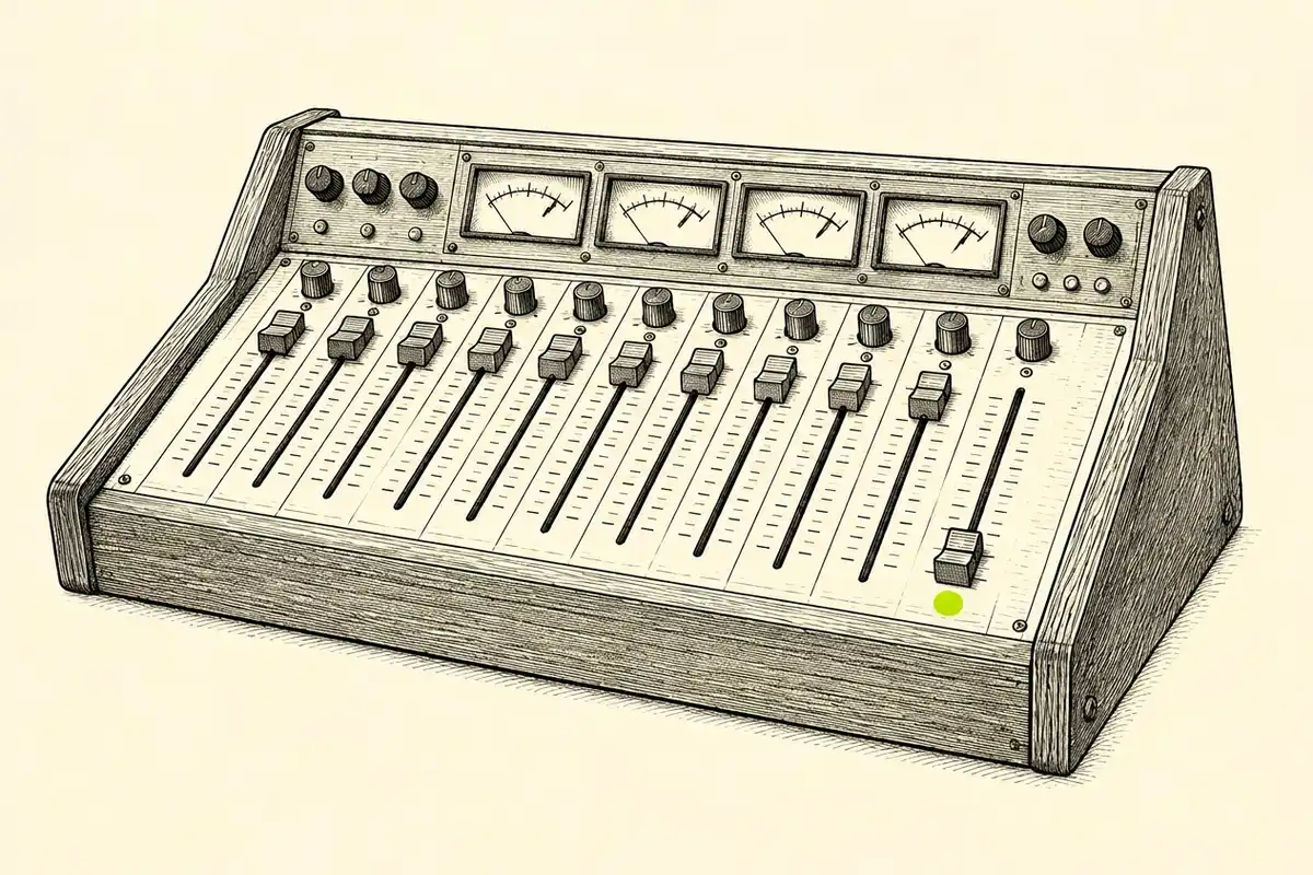 Google Ads channel prioritization shown as a vintage mixing console with faders set high and one fader capped at its limit, marked with a lime dot.