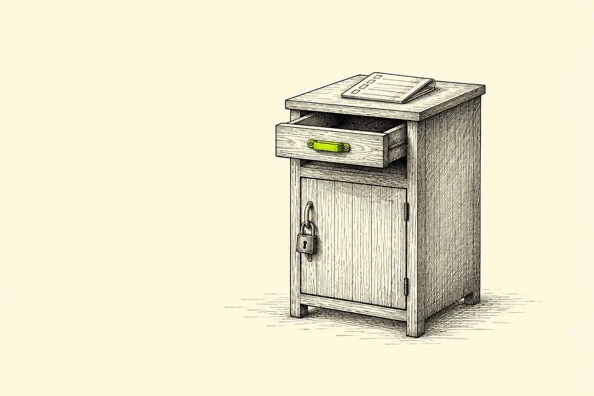 Google Ads healthcare compliance and AI settings shown as a locked cabinet with a small open drawer and a checklist beside it.