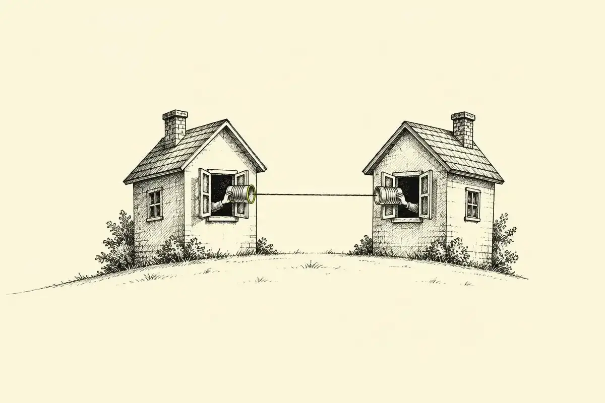 Google Ads language targeting shown as two small houses on a hill joined by a tin-can string telephone for bilingual search.